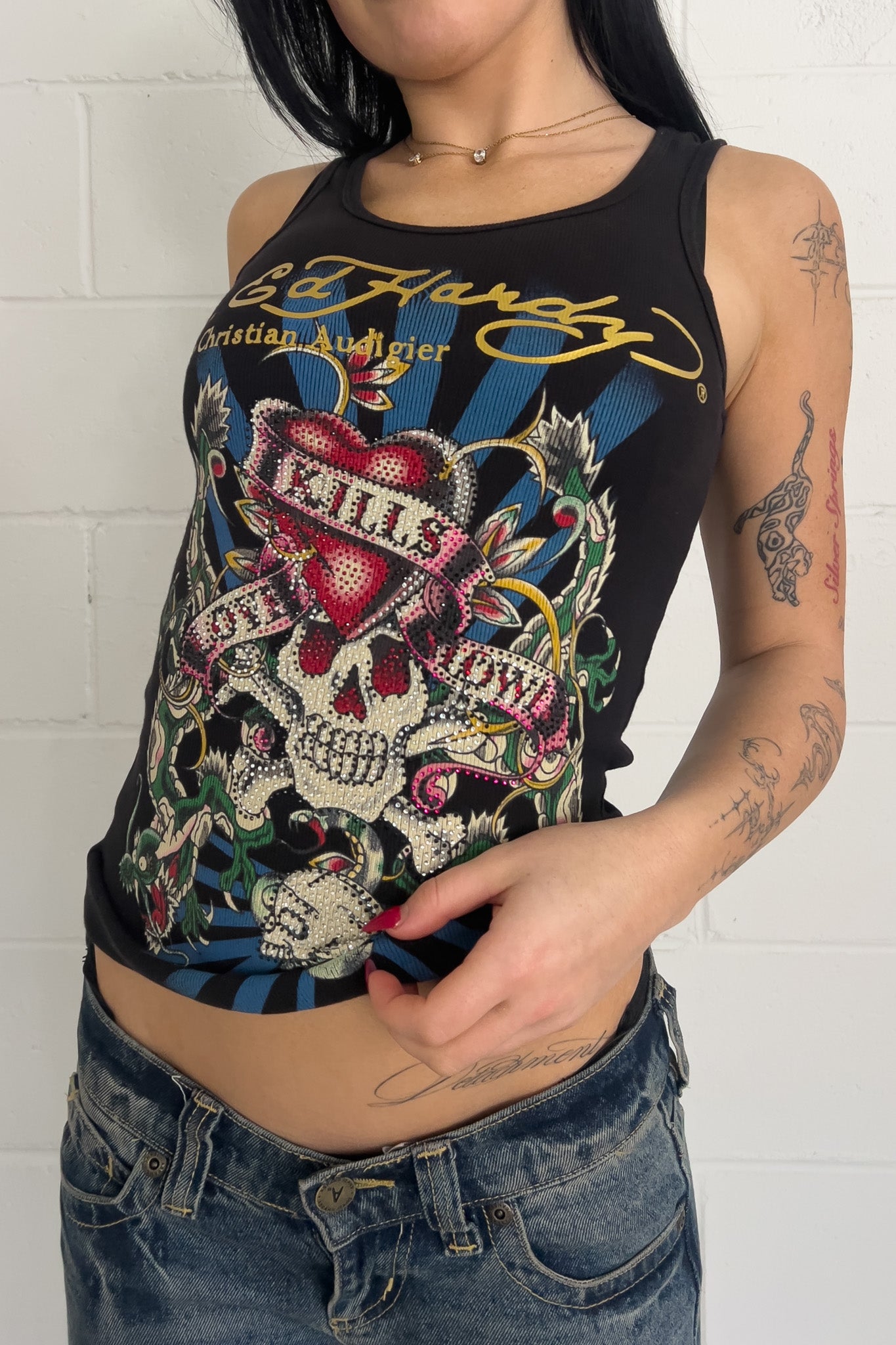 ED HARDY black diamante skull graphic tank ★ Size Small