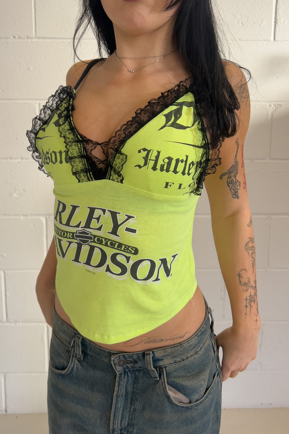 HARLEY DAVIDSON neon graphic lace frill tank ★ Size small