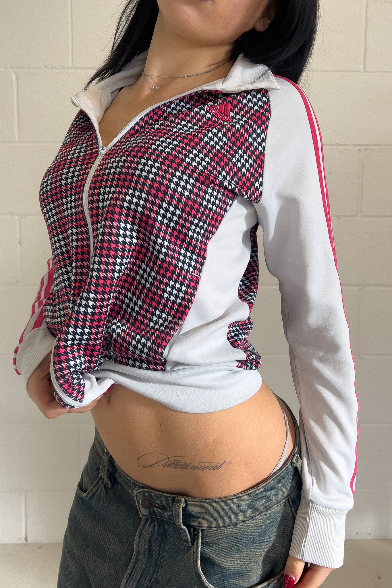 ADIDAS pink plaid track jacket ★ Size labelled XS