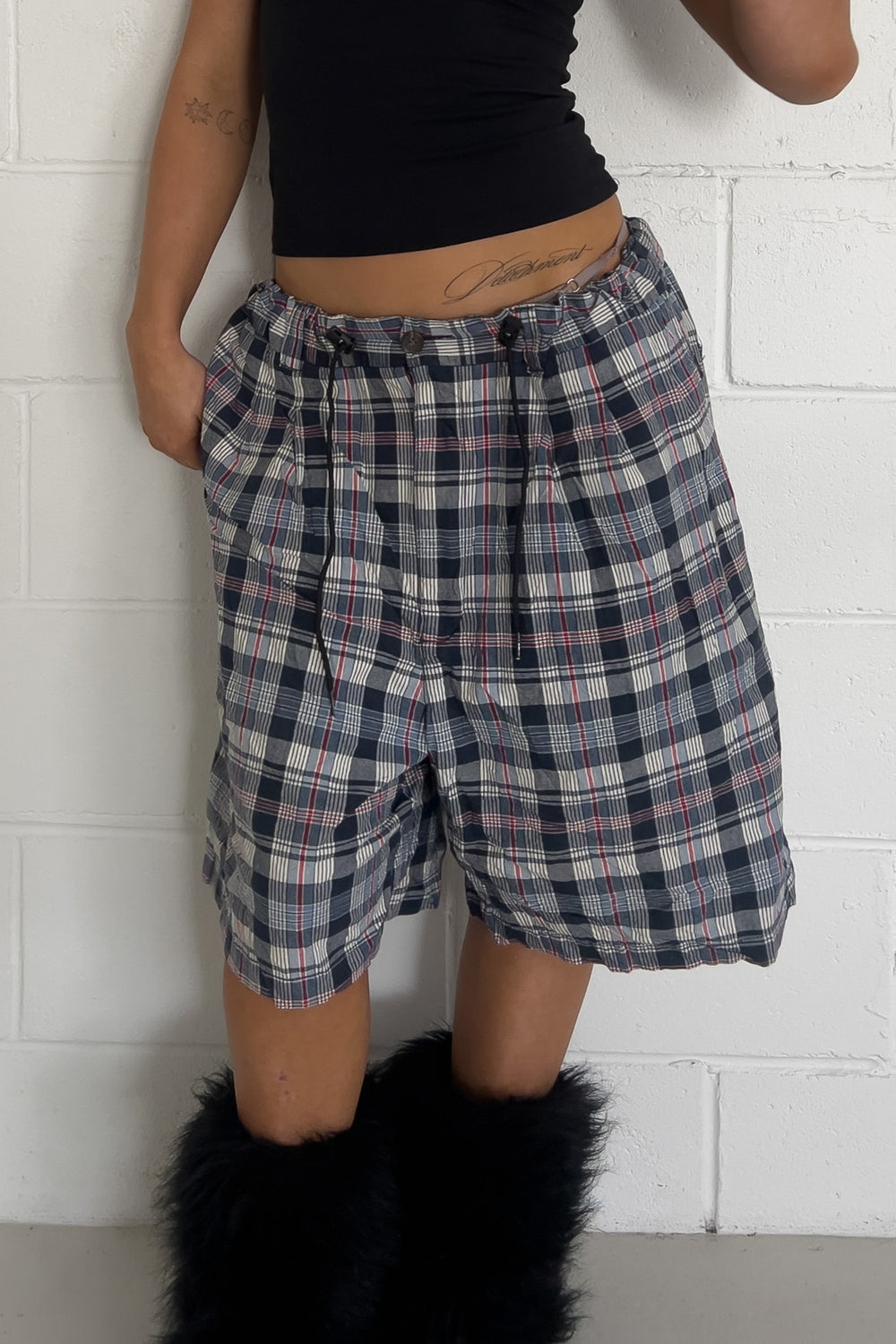 HARBOR BAY blue + red plaid short ★ One size adjustable waist