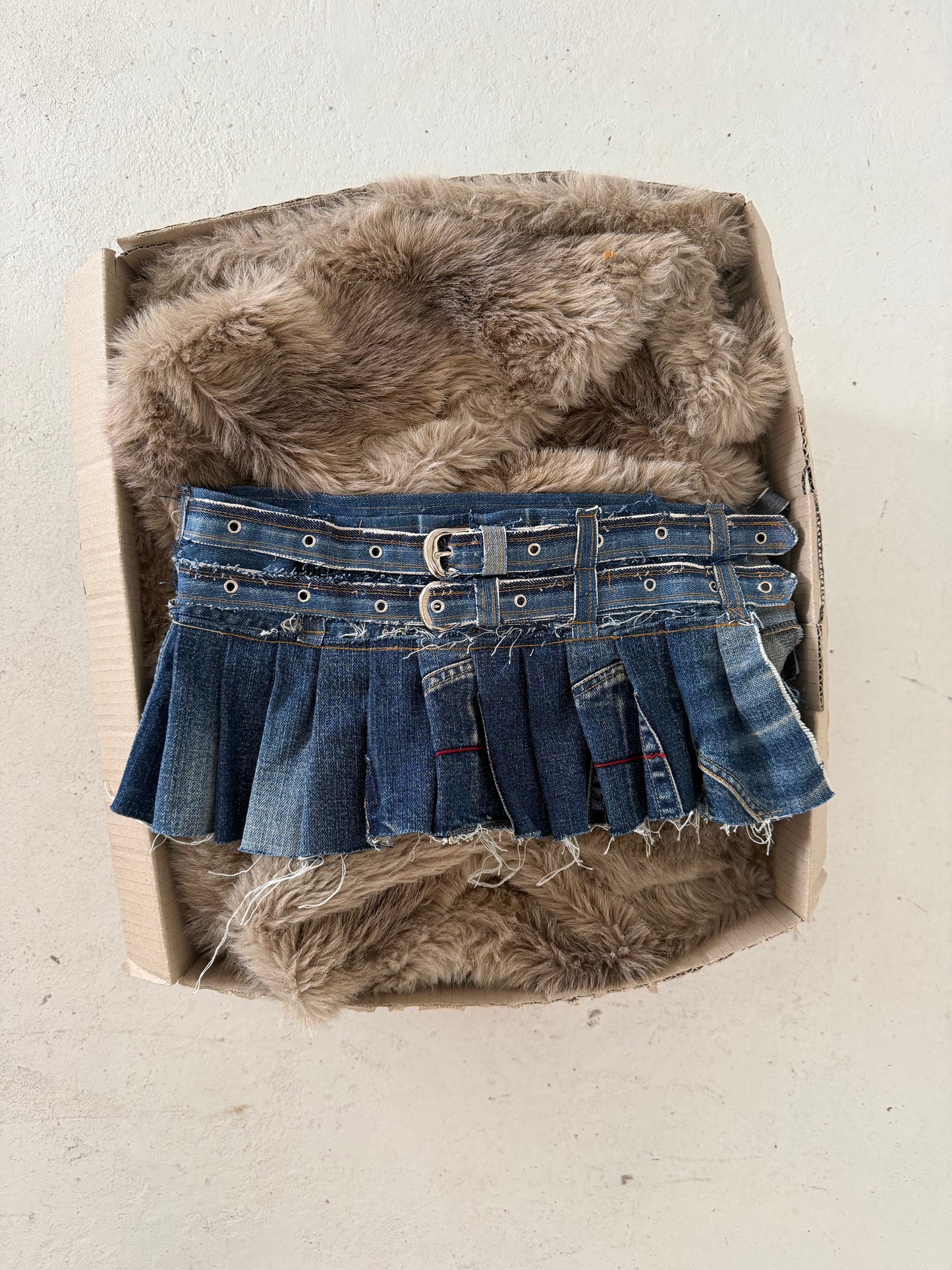 Denim pleated micro belt skirt ★ Size estimated XS