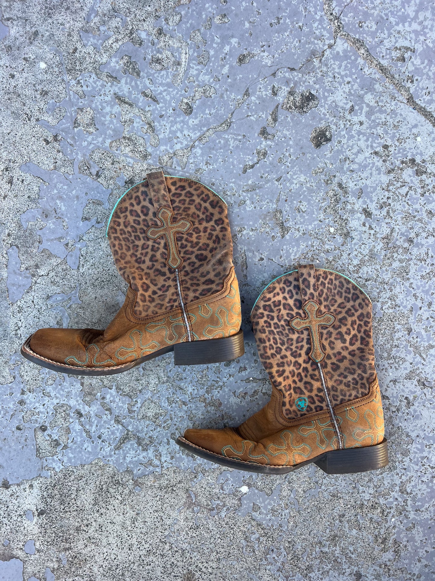 Leopard print cowboy square toe boots