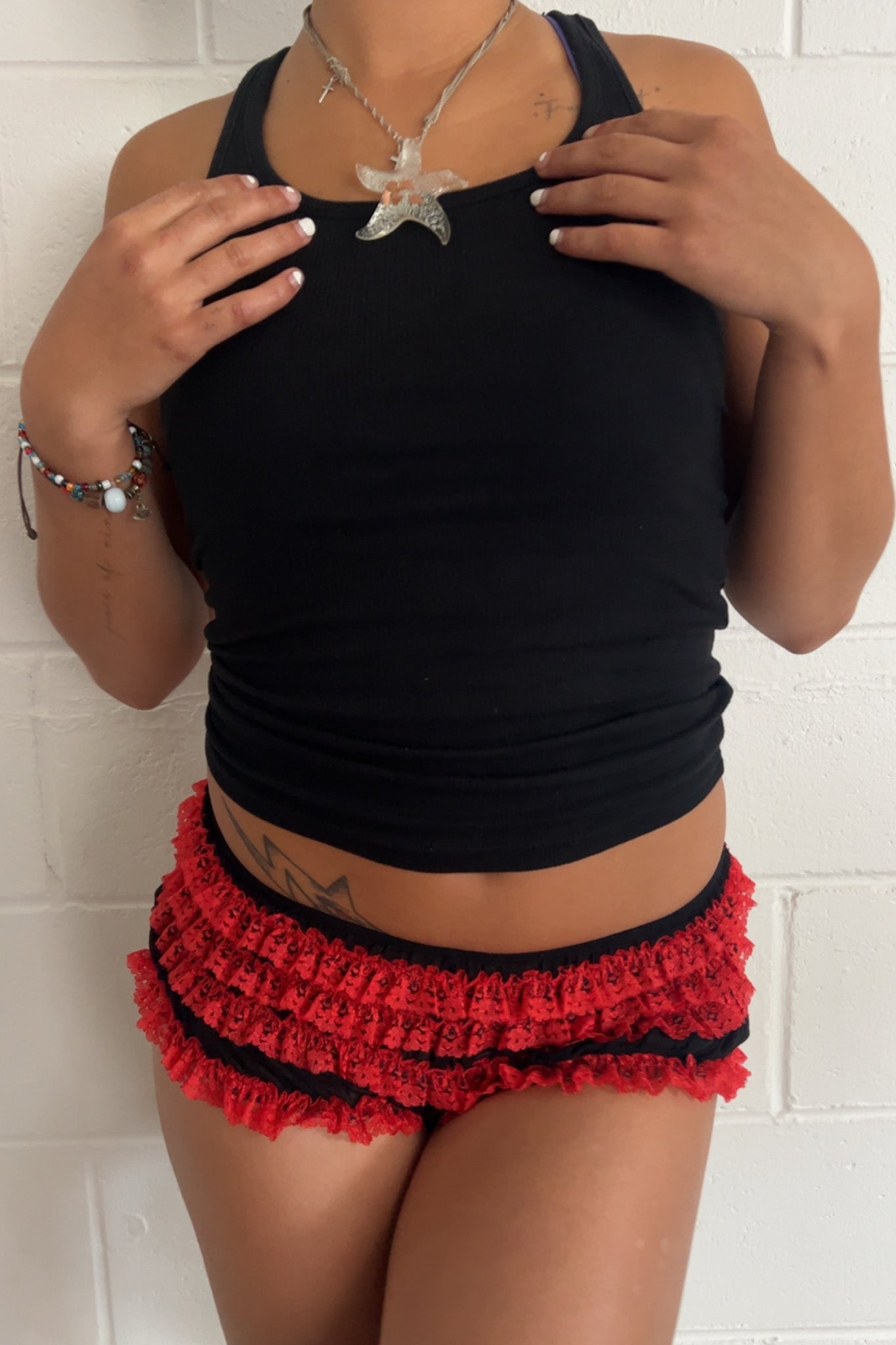 Red + black ruffle booty shorts ★ One size