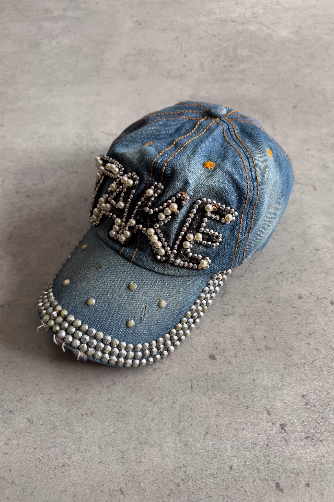 Diamante 'TAKE' denim embellished cap