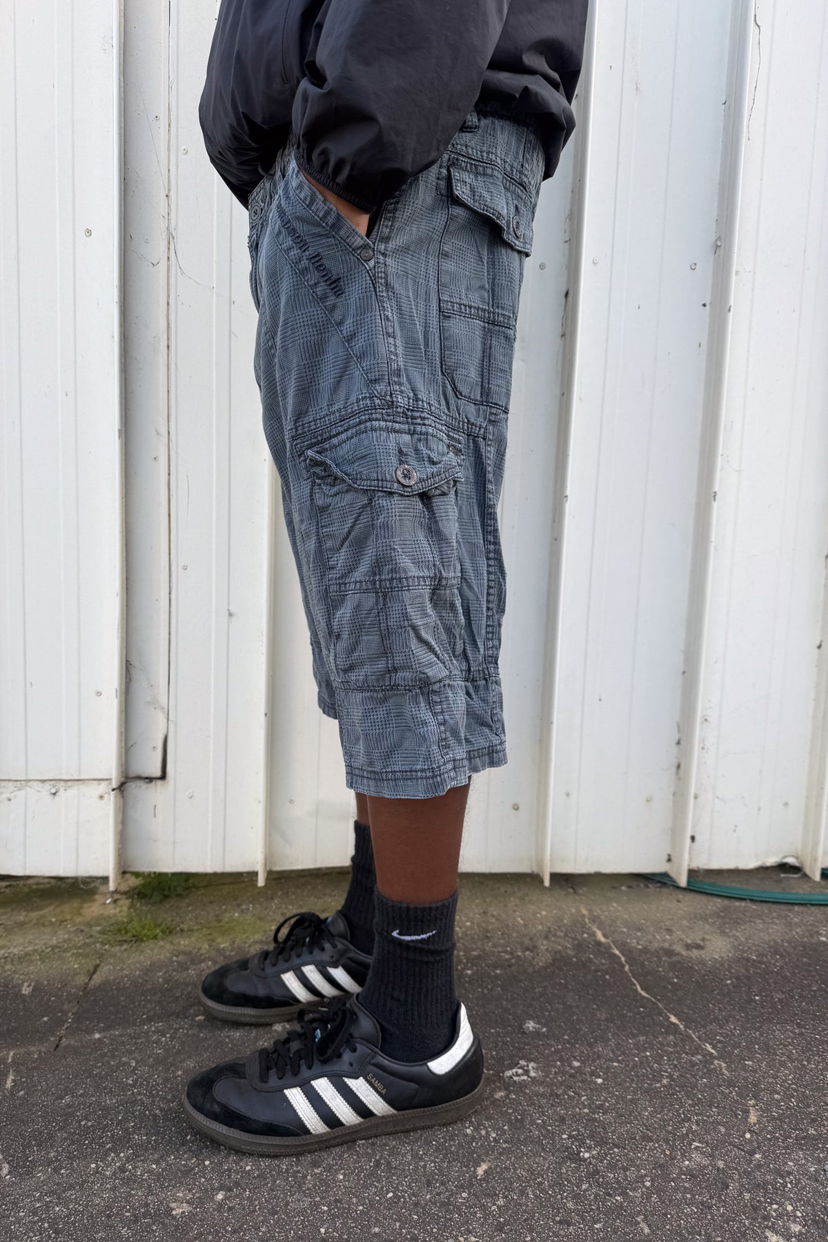 Charcoal blue plaid jorts ★ one size adjustable waist