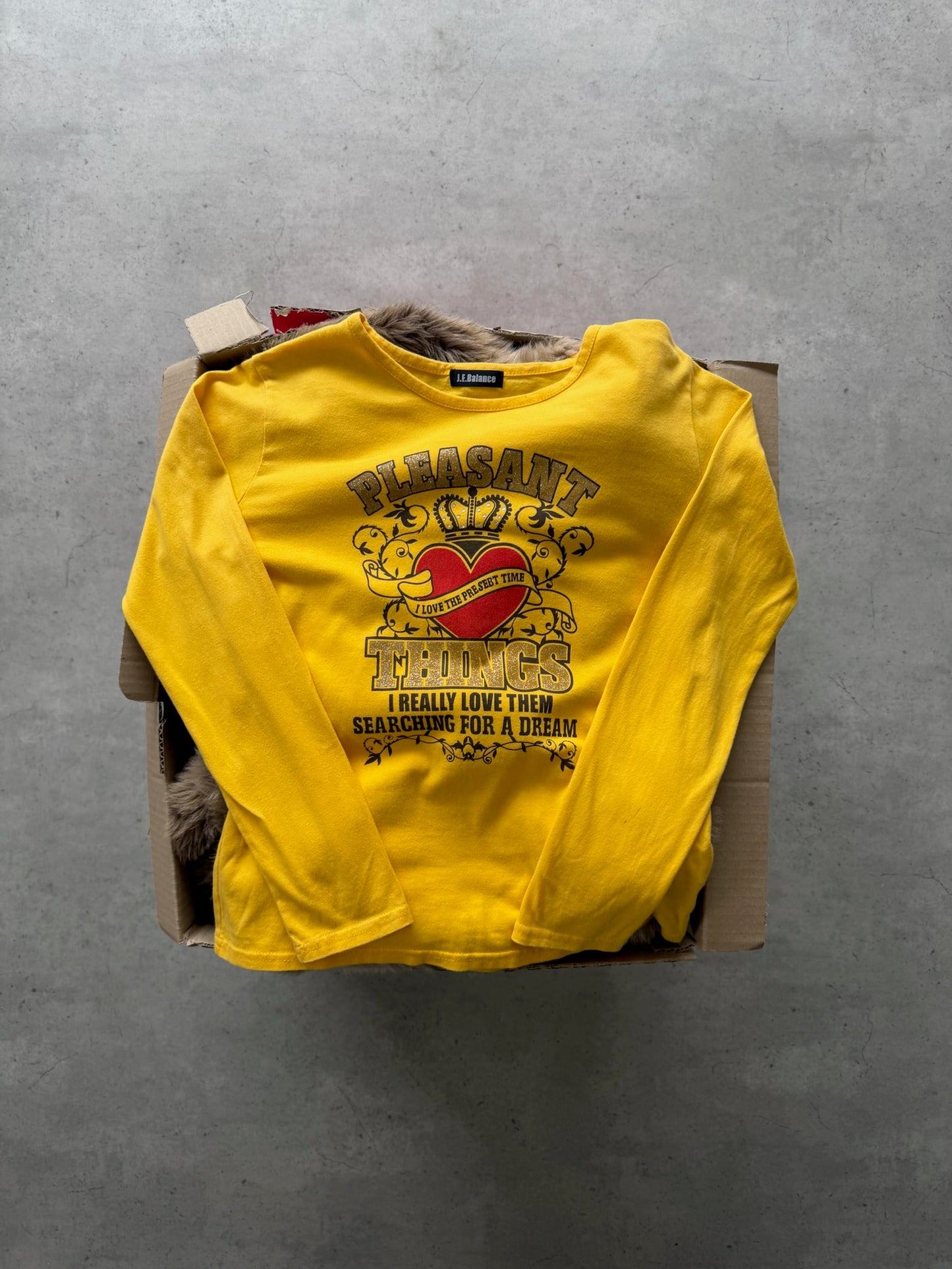 J.E.BALANCE yellow graphic"pleasant things" long sleeve ★ Size est medium