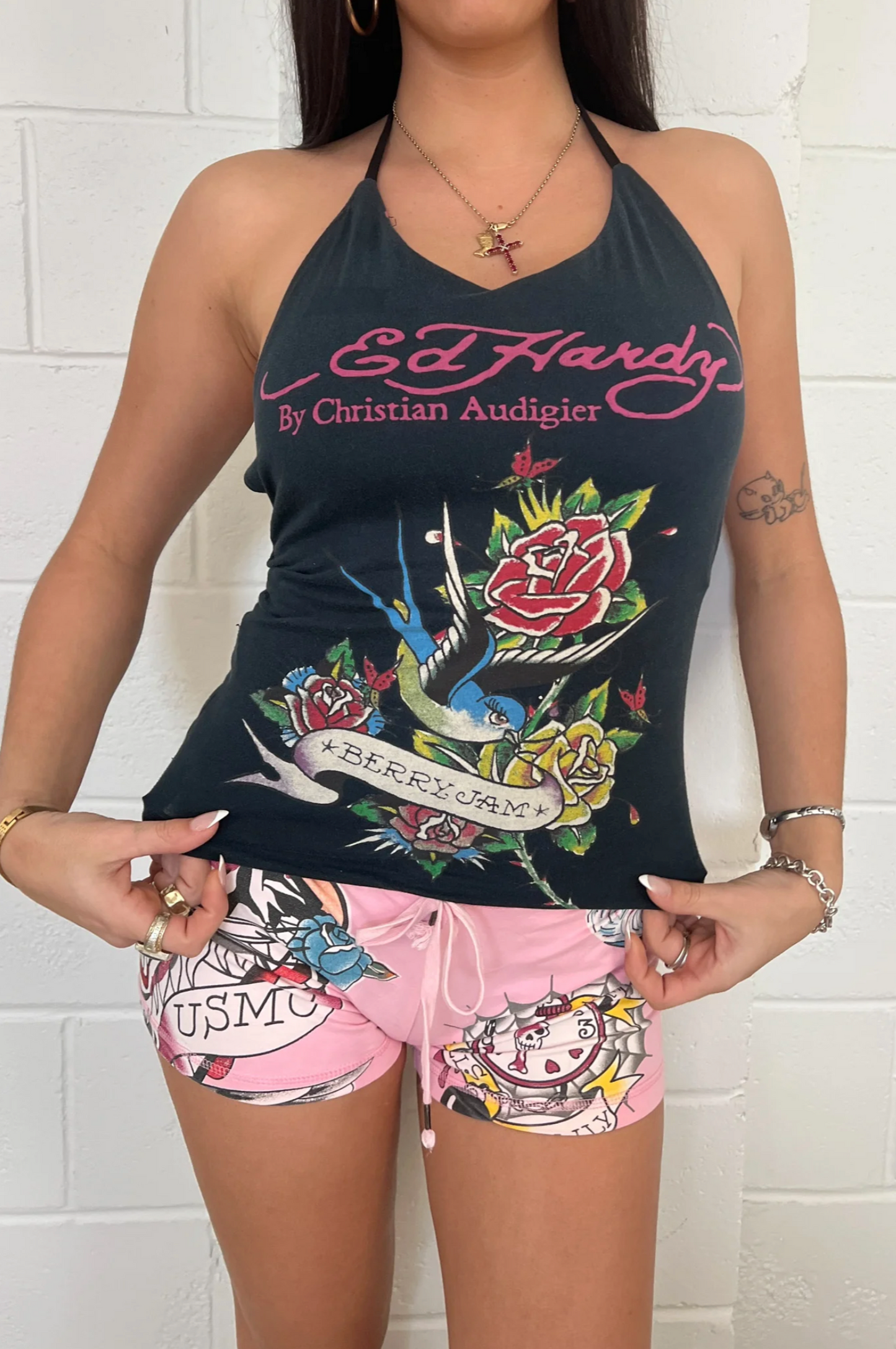 ED HARDY graphic halter neck tank
