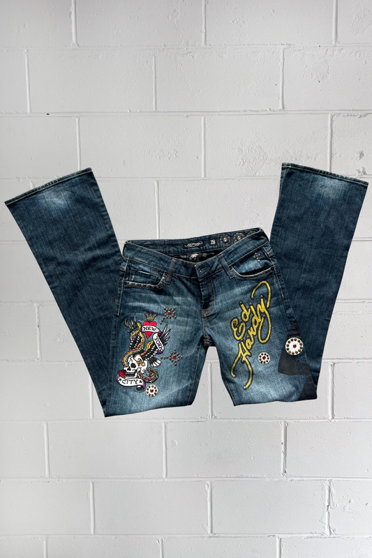 ED HARDY embellished graphic jeans ★ Size 28"