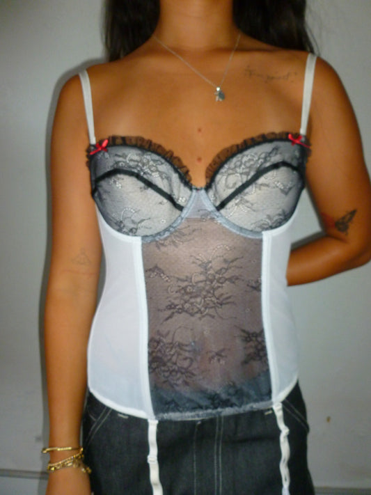 Lace white / black corset with red bow detailing