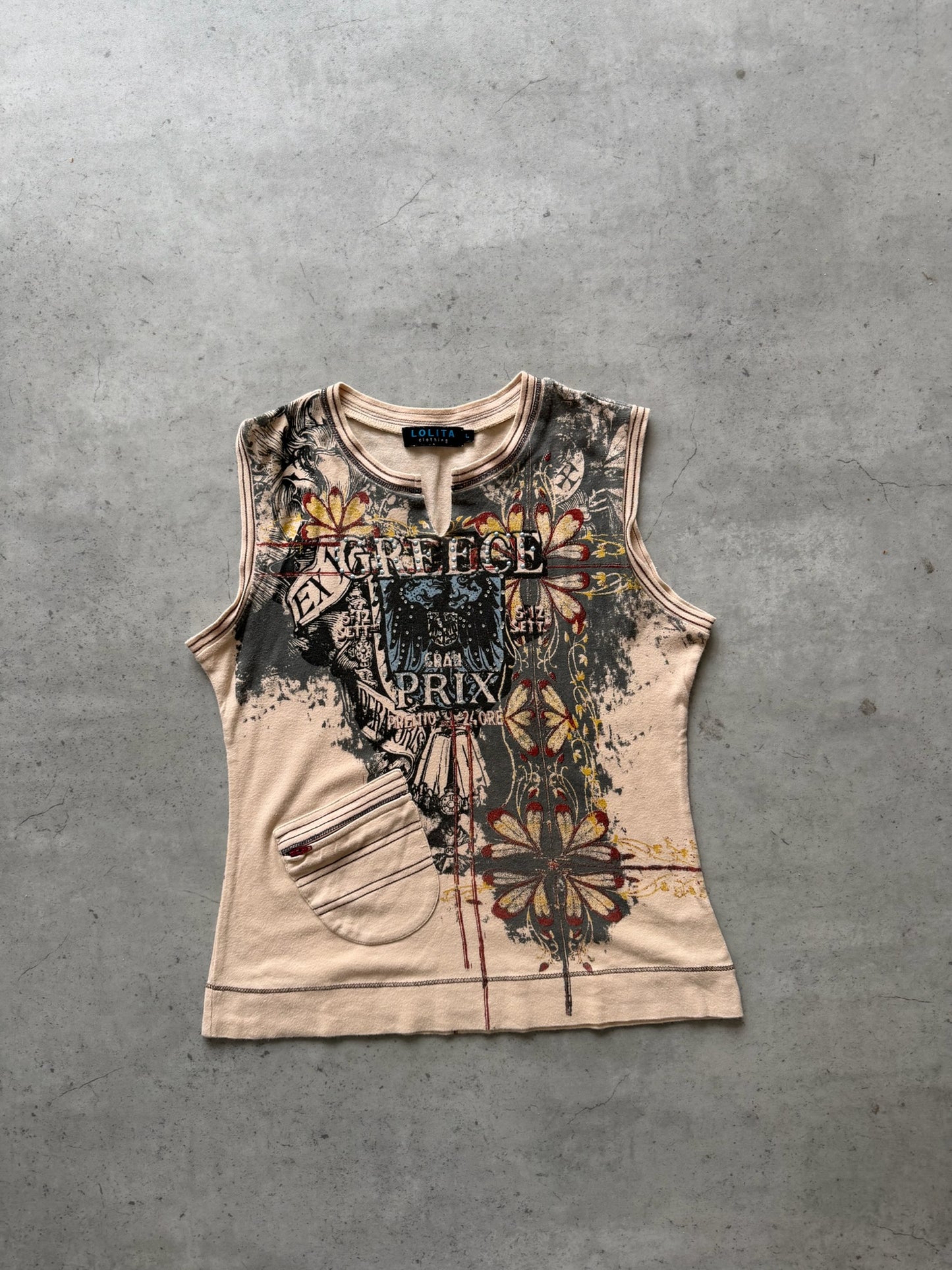 LOLITA cream "pocket" graphic tank  ★ Size labelled large