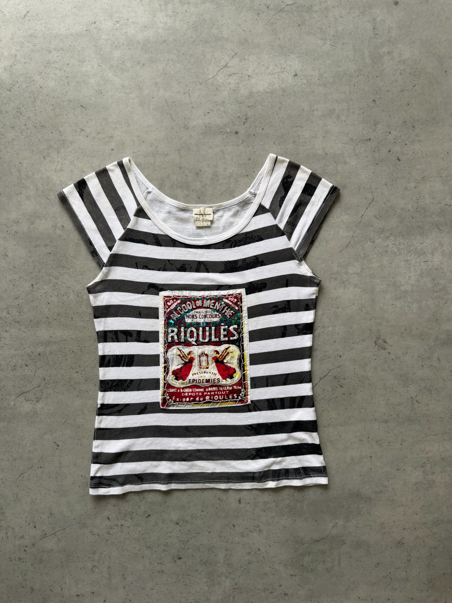 IMPLICATE WOMAN white + grey stripe top  ★ Size labelled medium