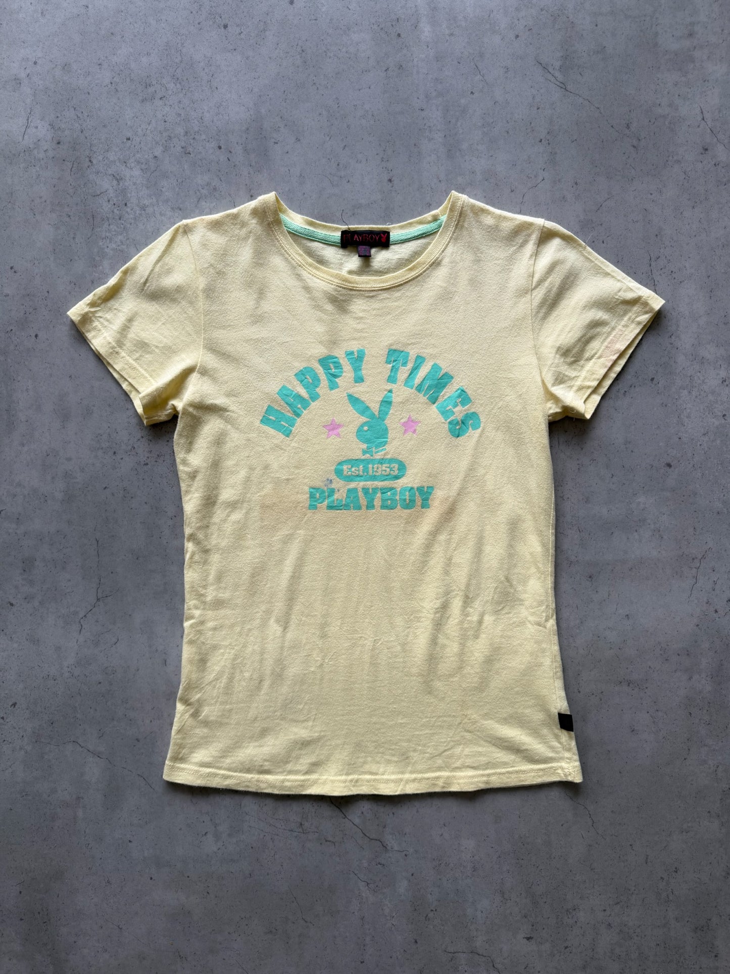PLAYBOY yellow 'HAPPY TIMES' T-Shirt ★ Size large