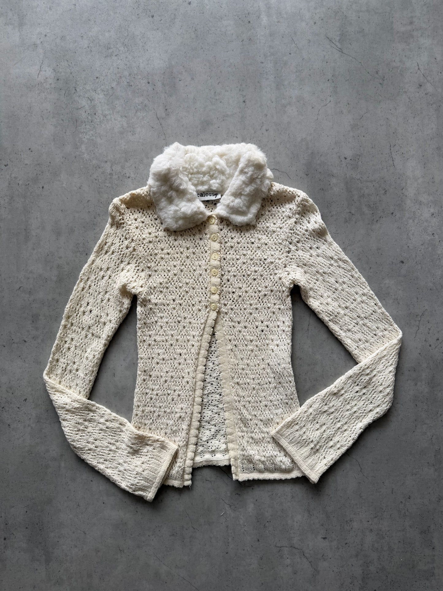 JEALOUSY cream crochet long sleeve top (fluffy collar)★ Size est small