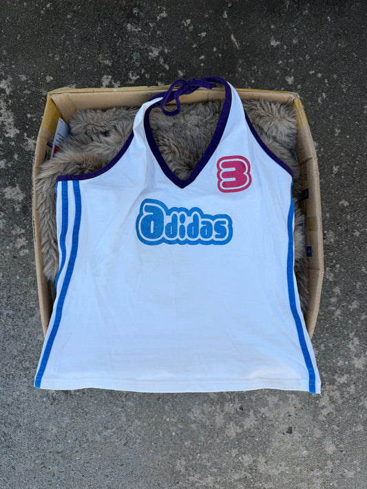 ADIDAS spellout cream & blue halter ★ Size 14