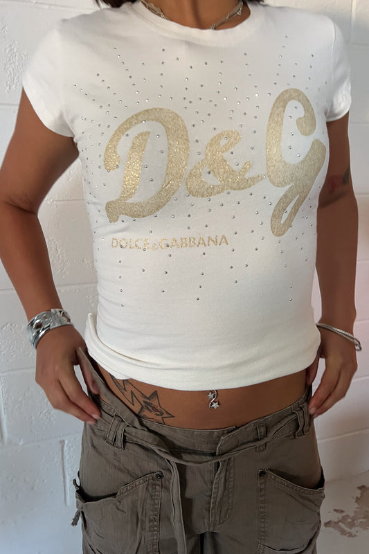 DOLCE & GABBANA white diamente graphic tee