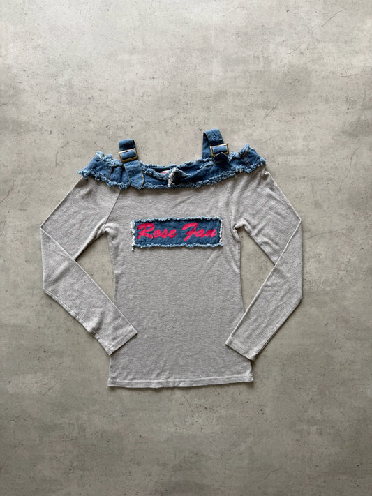 ROSE FAN grey + denim long sleeve top ★ Size est small/medium