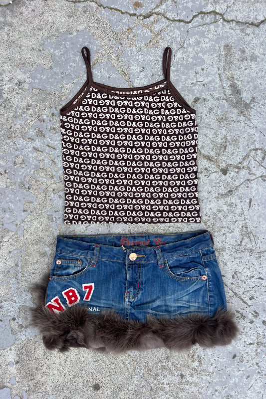 Denim fur trim festival mini skirt + Patchwork