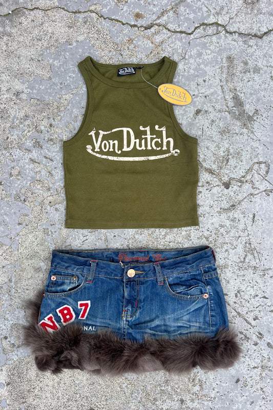 Denim fur trim festival mini skirt + Patchwork