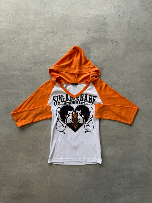 SUGAR BABE white + orange hooded long sleeve★ Size est small