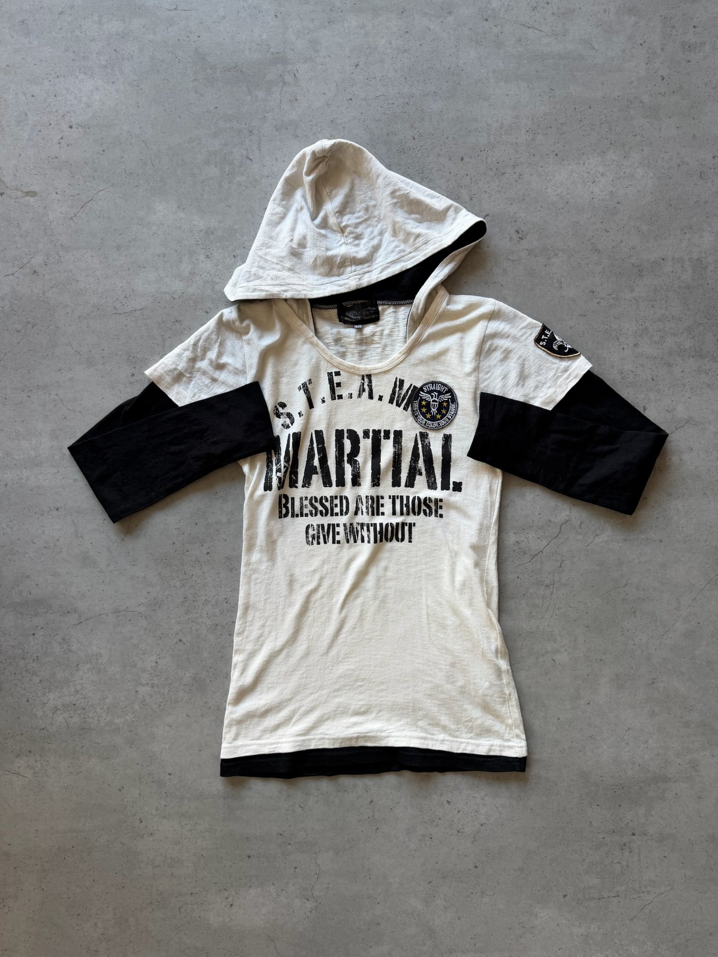 GALYGE white + black graphic hooded long sleeve ★ Size labelled large