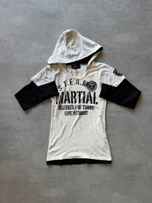 GALYGE white + black graphic hooded long sleeve ★ Size labelled large