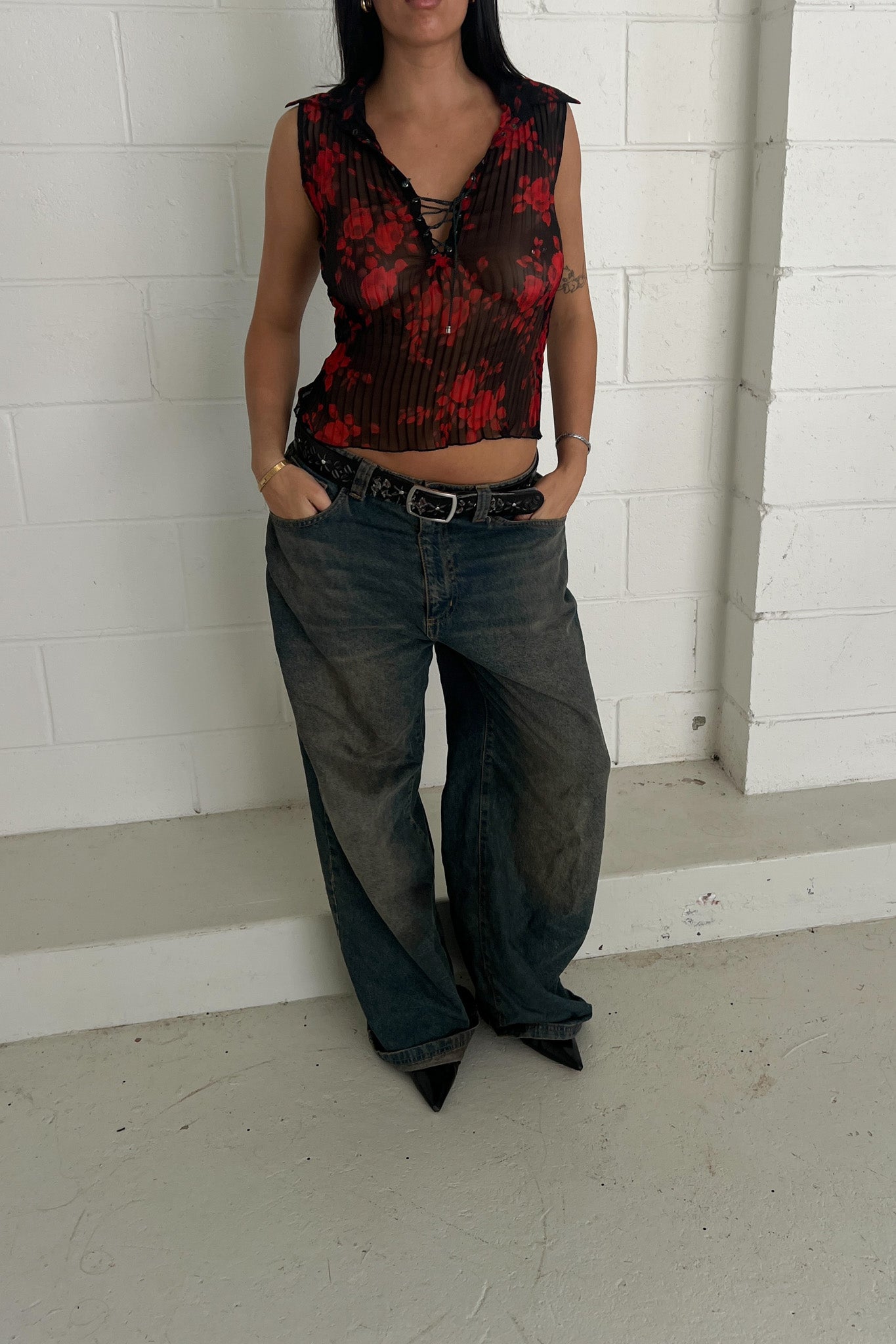 Red + black floral top