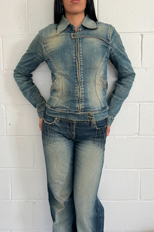 Vintage light wash cross button denim jacket
