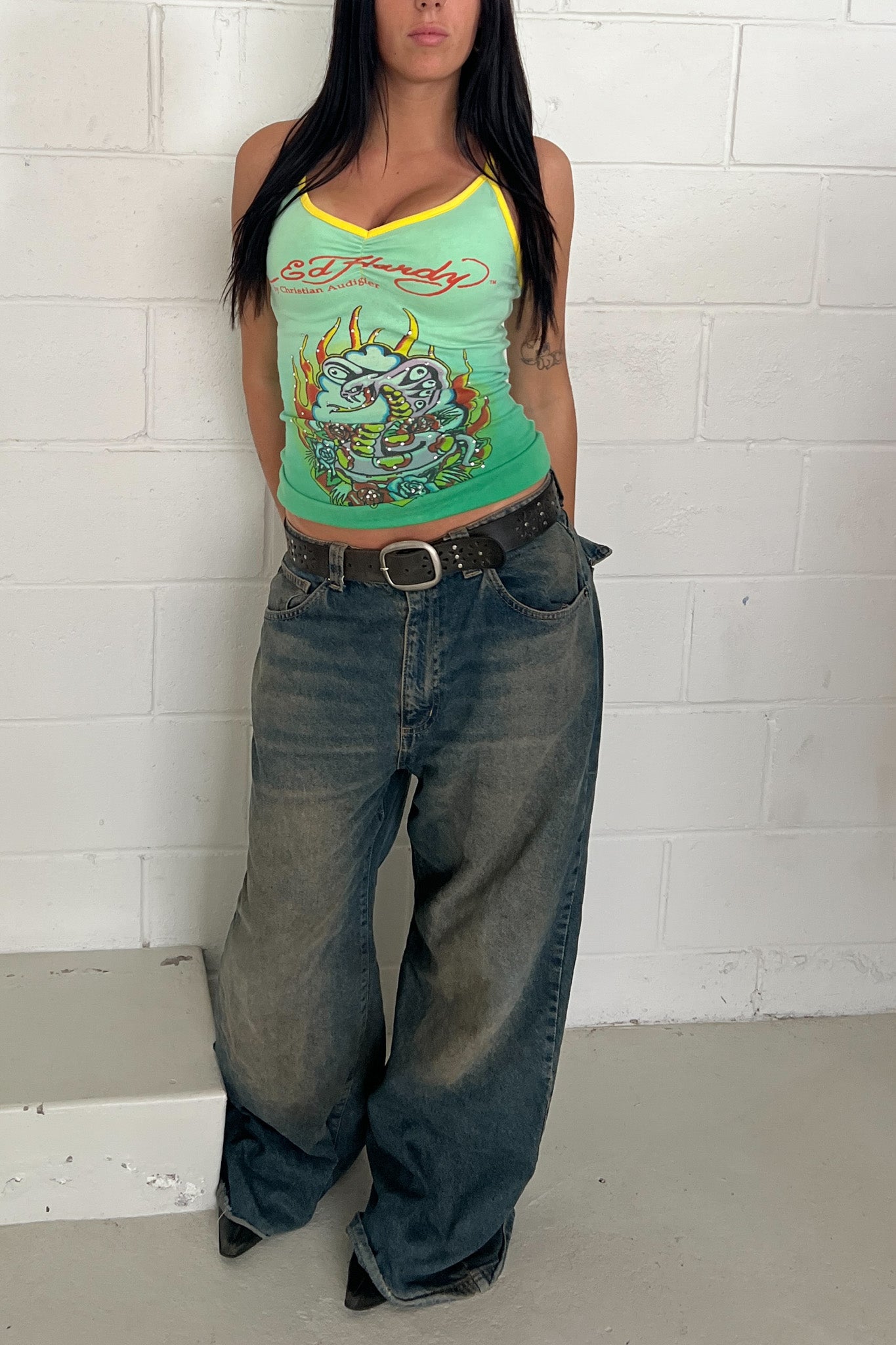 ED HARDY green embellished tank