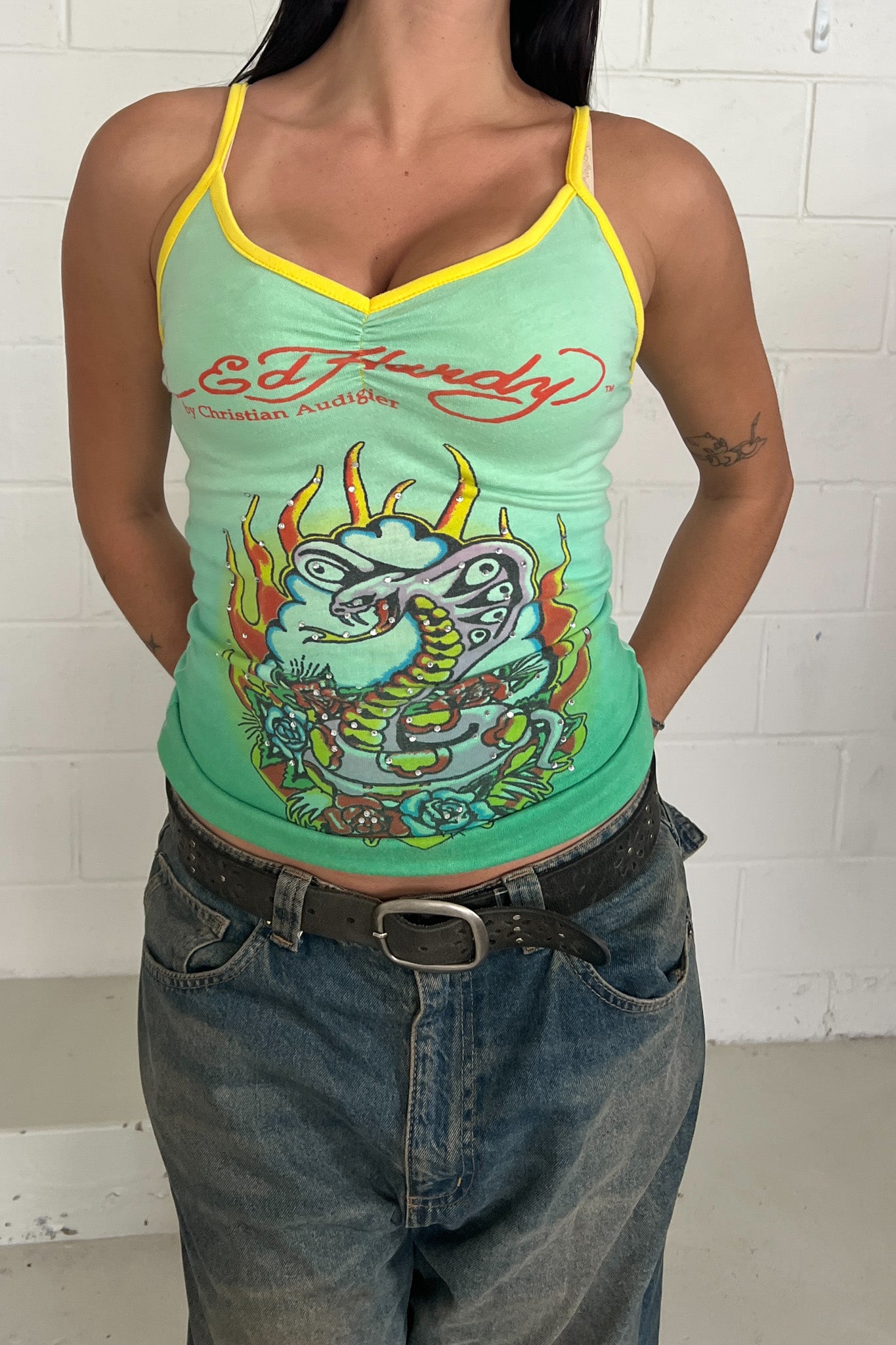 ED HARDY green embellished tank