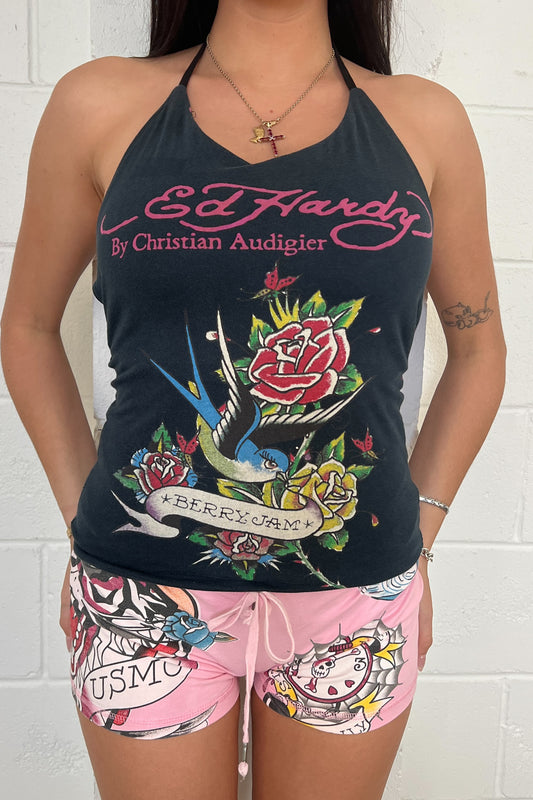 ED HARDY graphic pink mini shorts