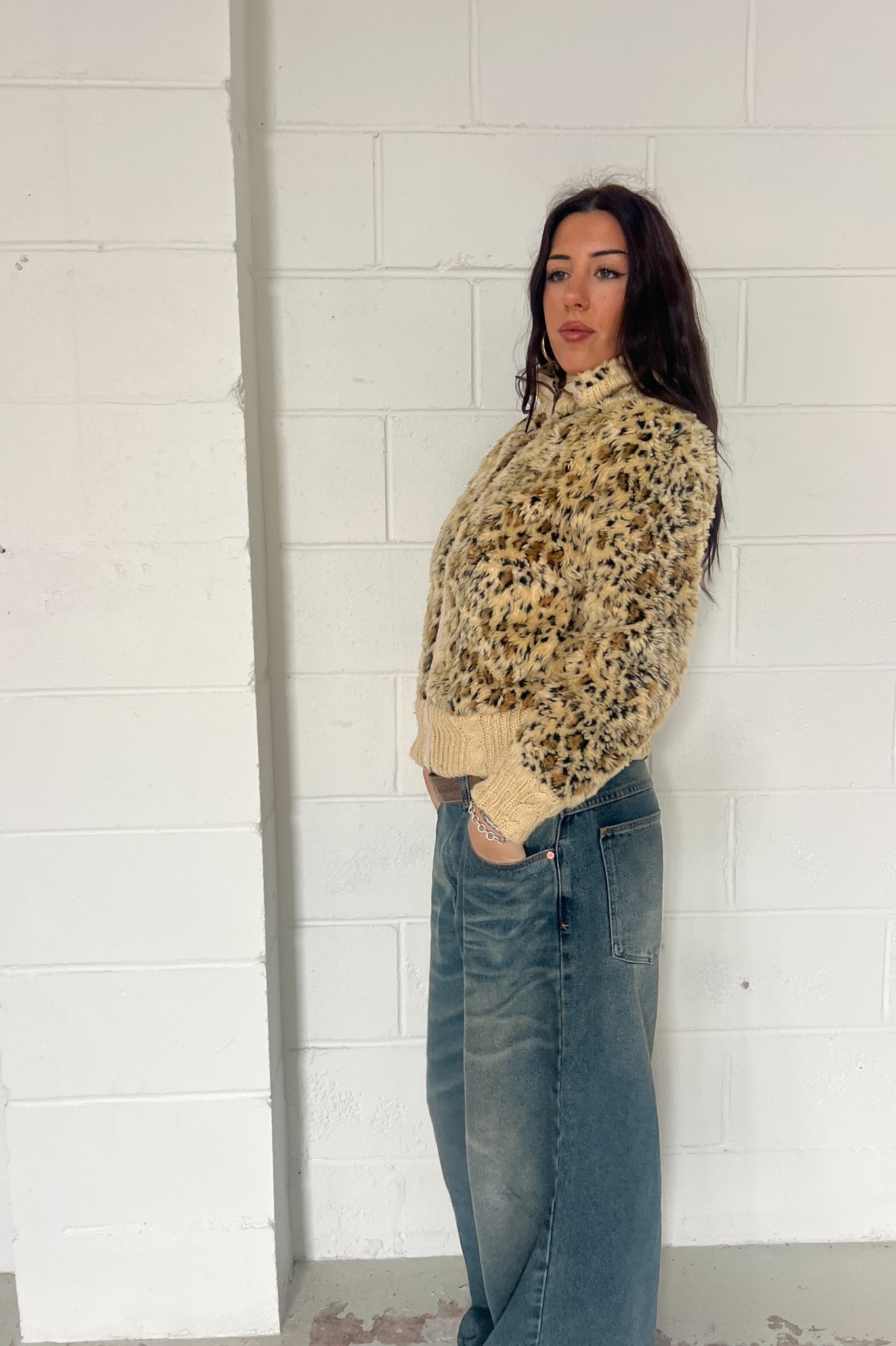 Leopard print cuffed zip up jacket ★ Size Large