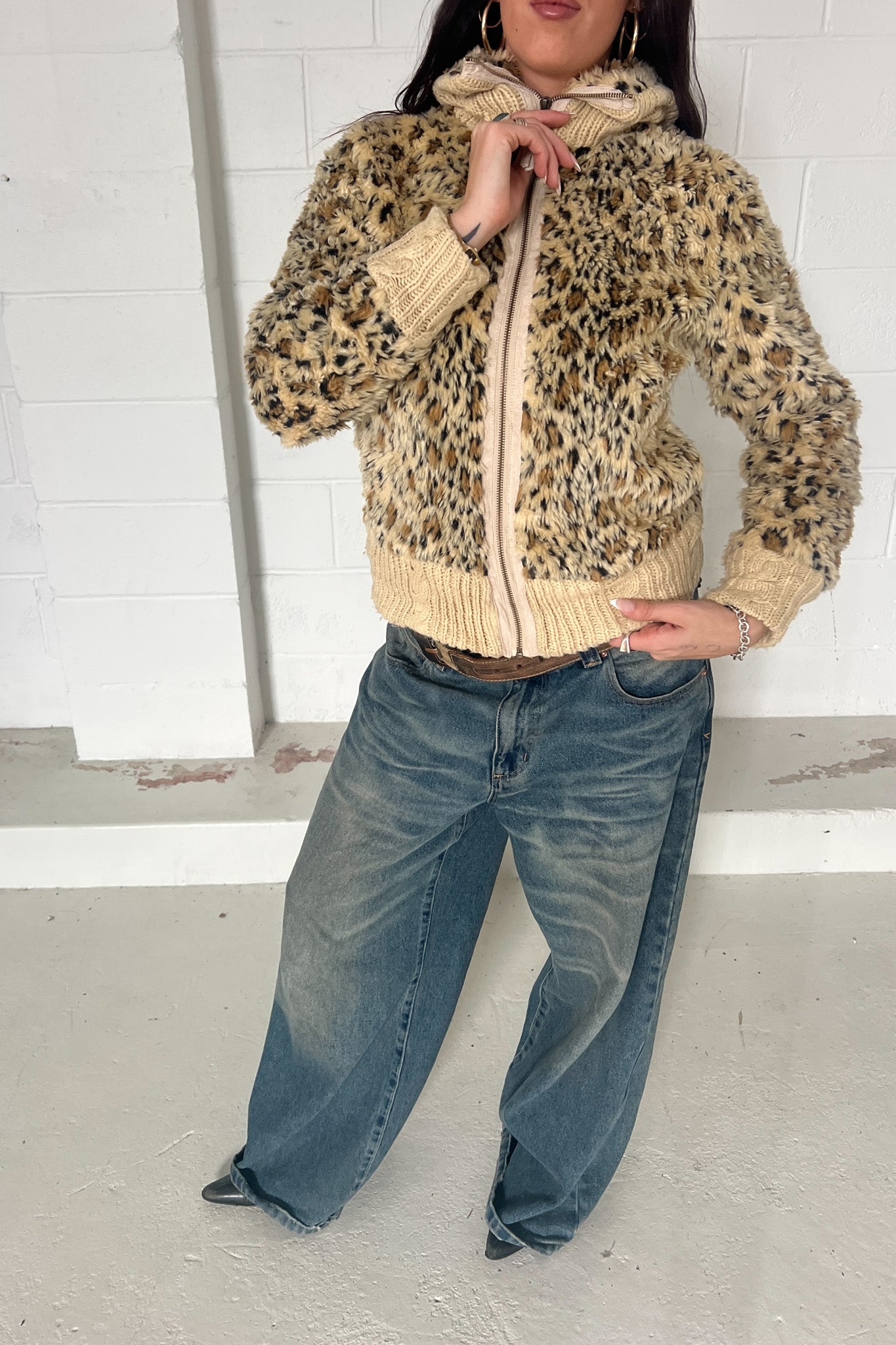 Leopard print cuffed zip up jacket ★ Size Large