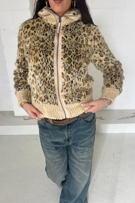 Leopard print cuffed zip up jacket ★ Size Large
