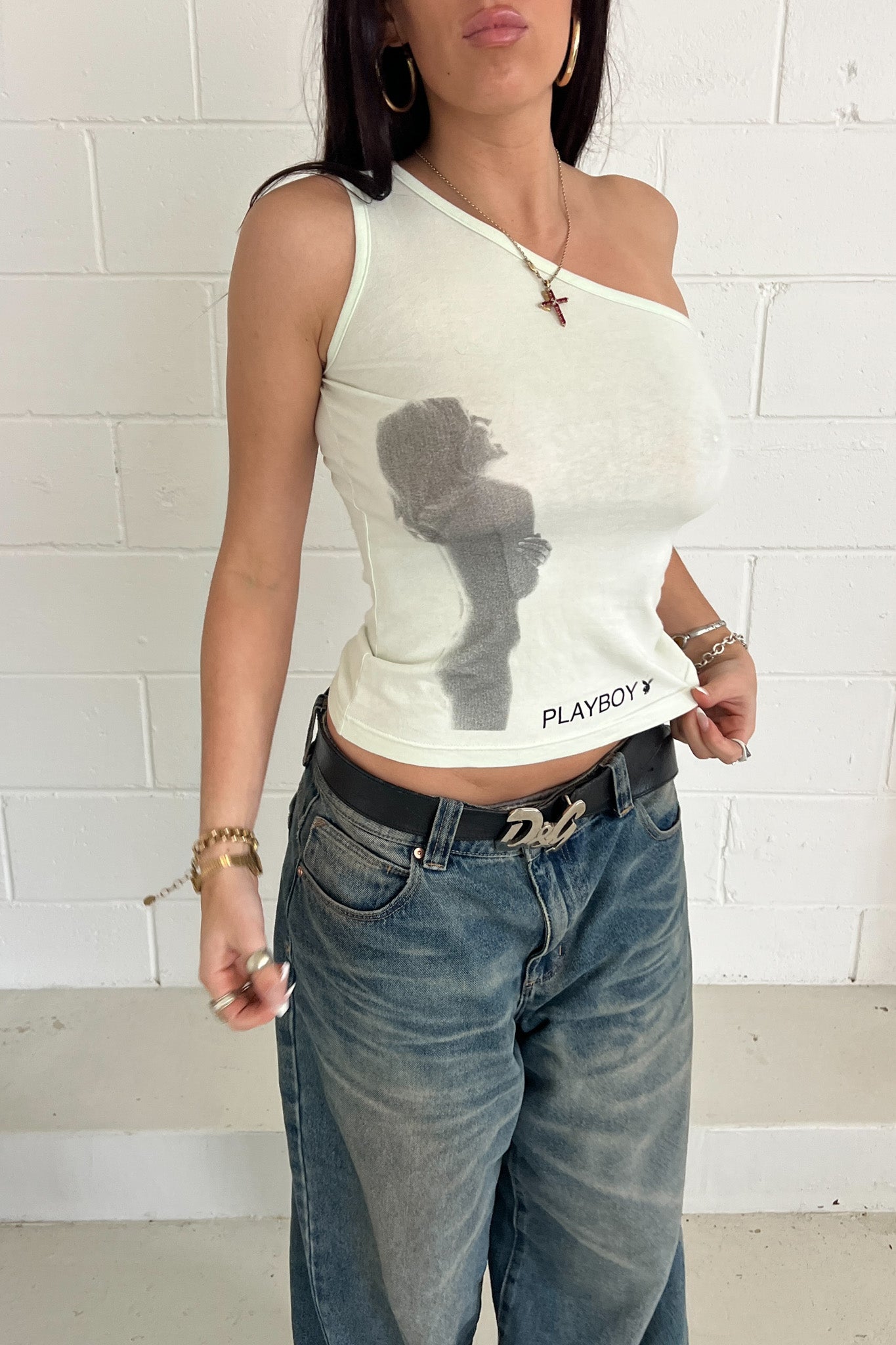 PLAYBOY one shouldered graphic top ★ Est 10-12