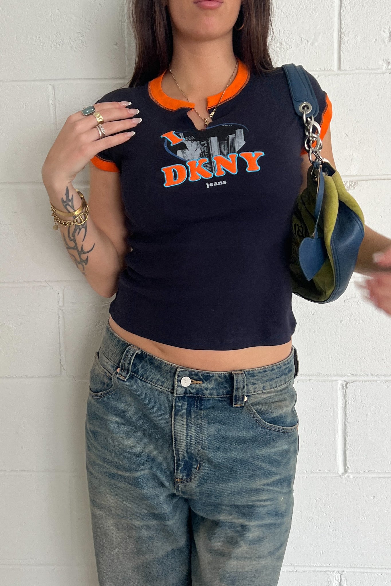 DKNY orange + navy spell out tank ★ Size medium
