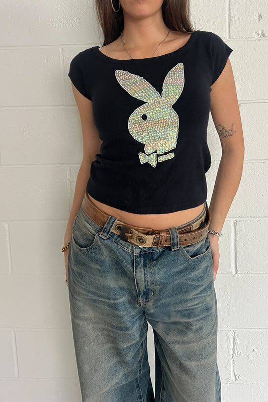 PLAYBOY black sequin logo knit ★ Size medium