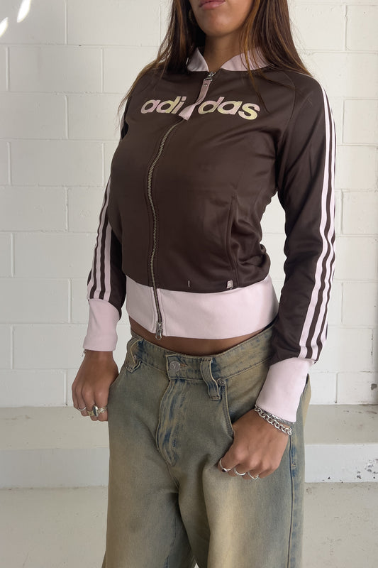 ADIDAS brown + pink spellout trackjacket ★  Size 10