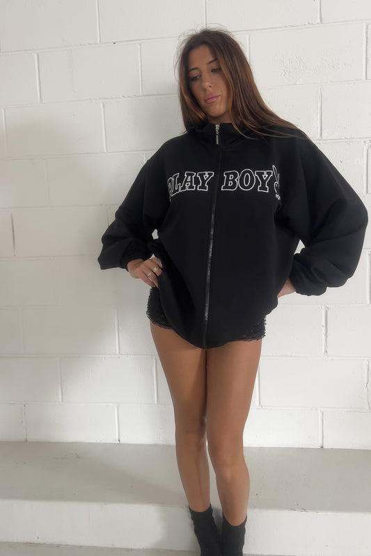PLAYBOY black + white spellout jacket ★ Size XL