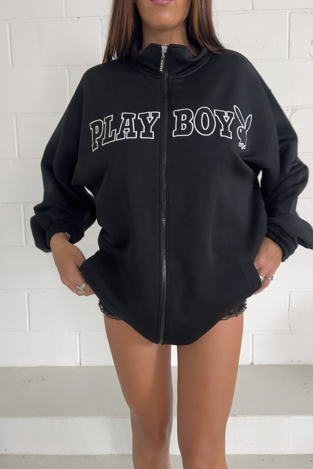 PLAYBOY black + white spellout jacket ★ Size XL