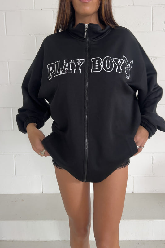 PLAYBOY black + white spellout jacket ★ Size XL