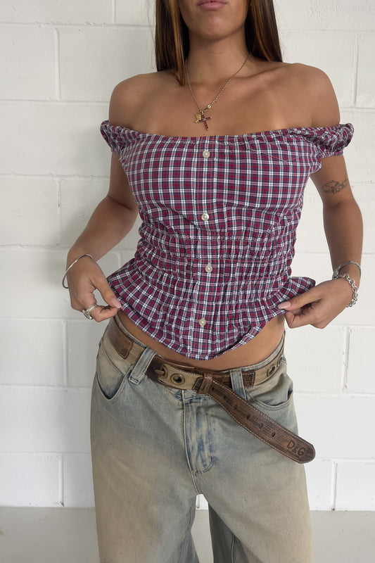 Blue & red checkered off the shoulder top ★ Size estimated XS, S, M