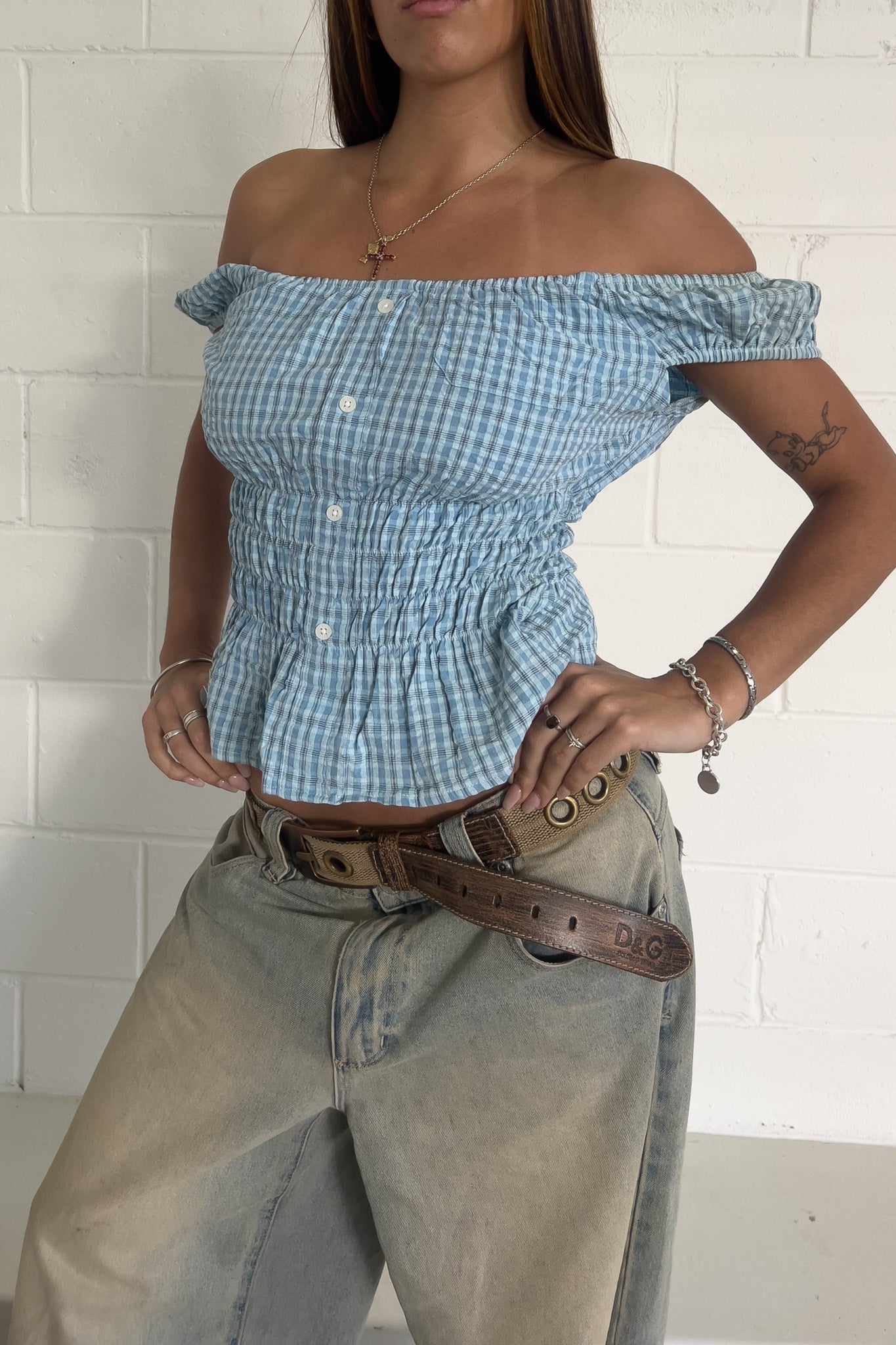Baby blue checkered off the shoulder top ★ Size estimated XS, S, M
