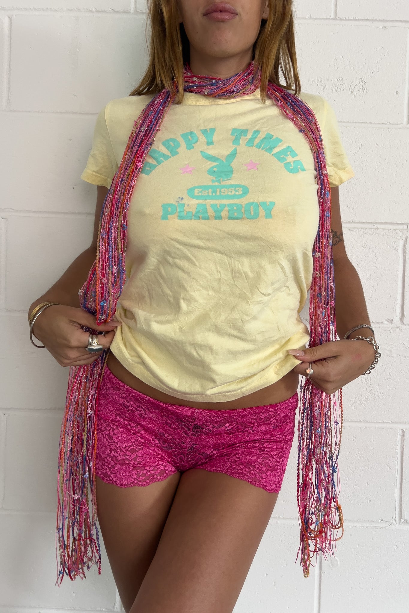 PLAYBOY yellow 'HAPPY TIMES' T-Shirt ★ Size large