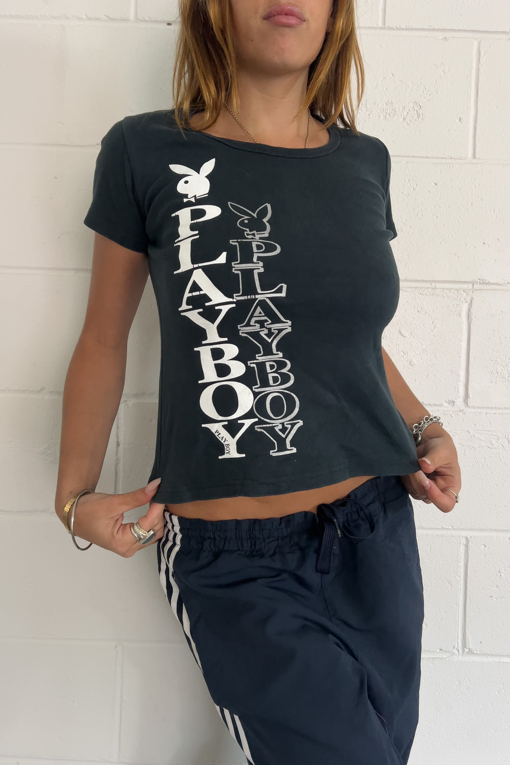 PLAYBOY black + white vertical logo T-Shirt ★ Size medium