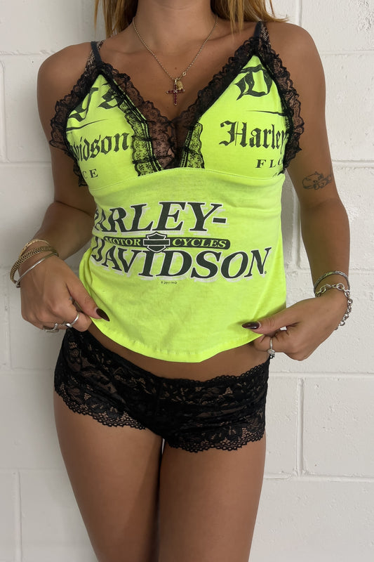 HARLEY DAVIDSON  neon graphic lace frill tank  ★ Size small