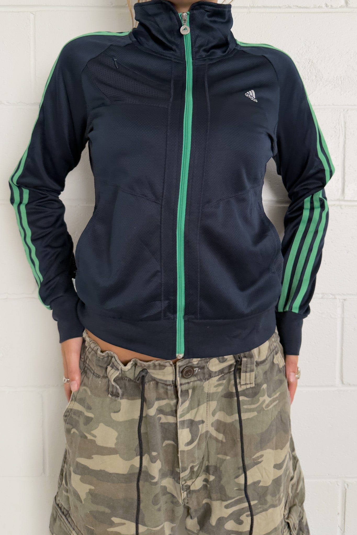 ADIDAS navy + green stripe track jacket ★ Size Est Extra Small