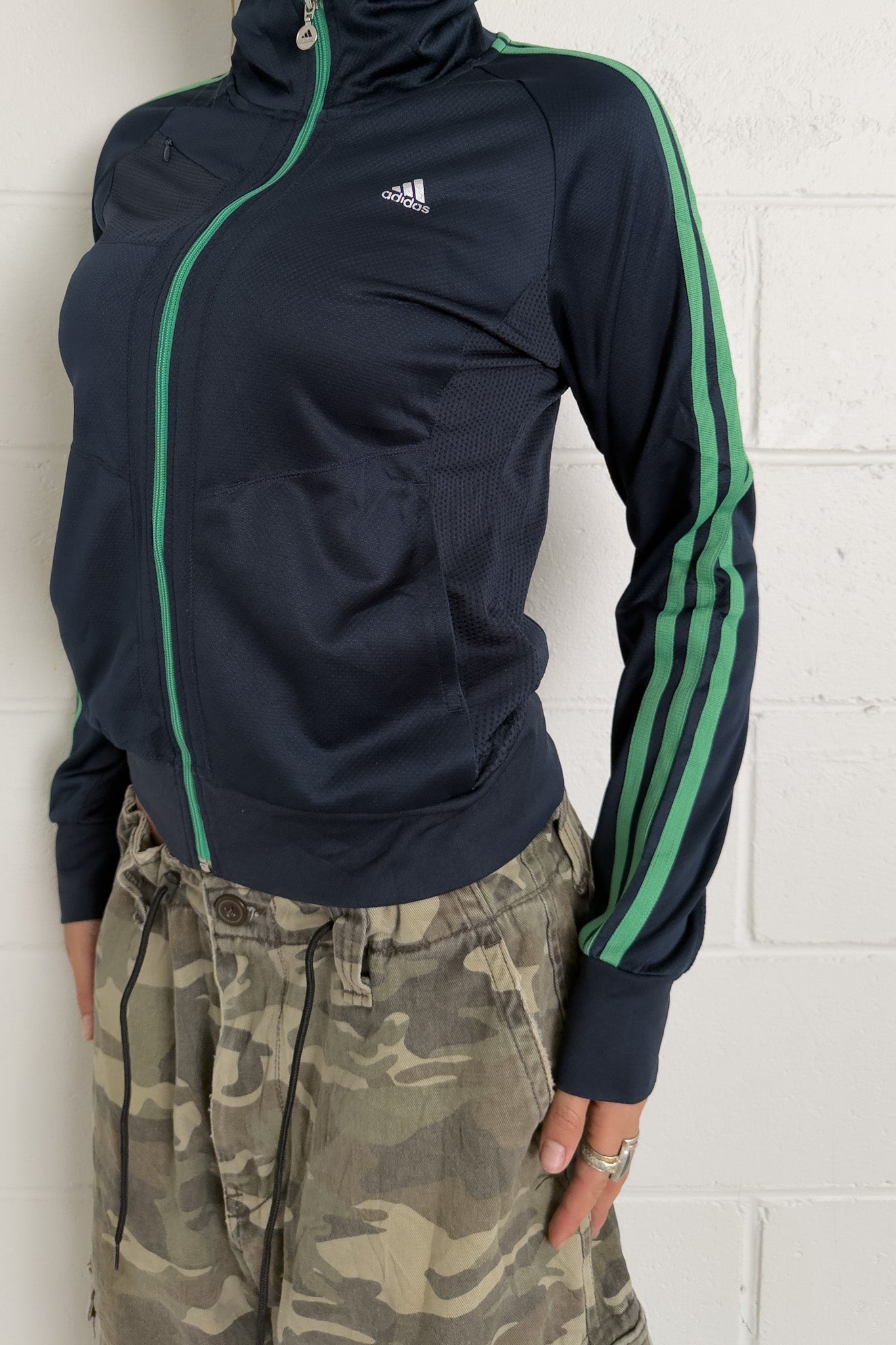 ADIDAS navy + green stripe track jacket ★ Size Est Extra Small