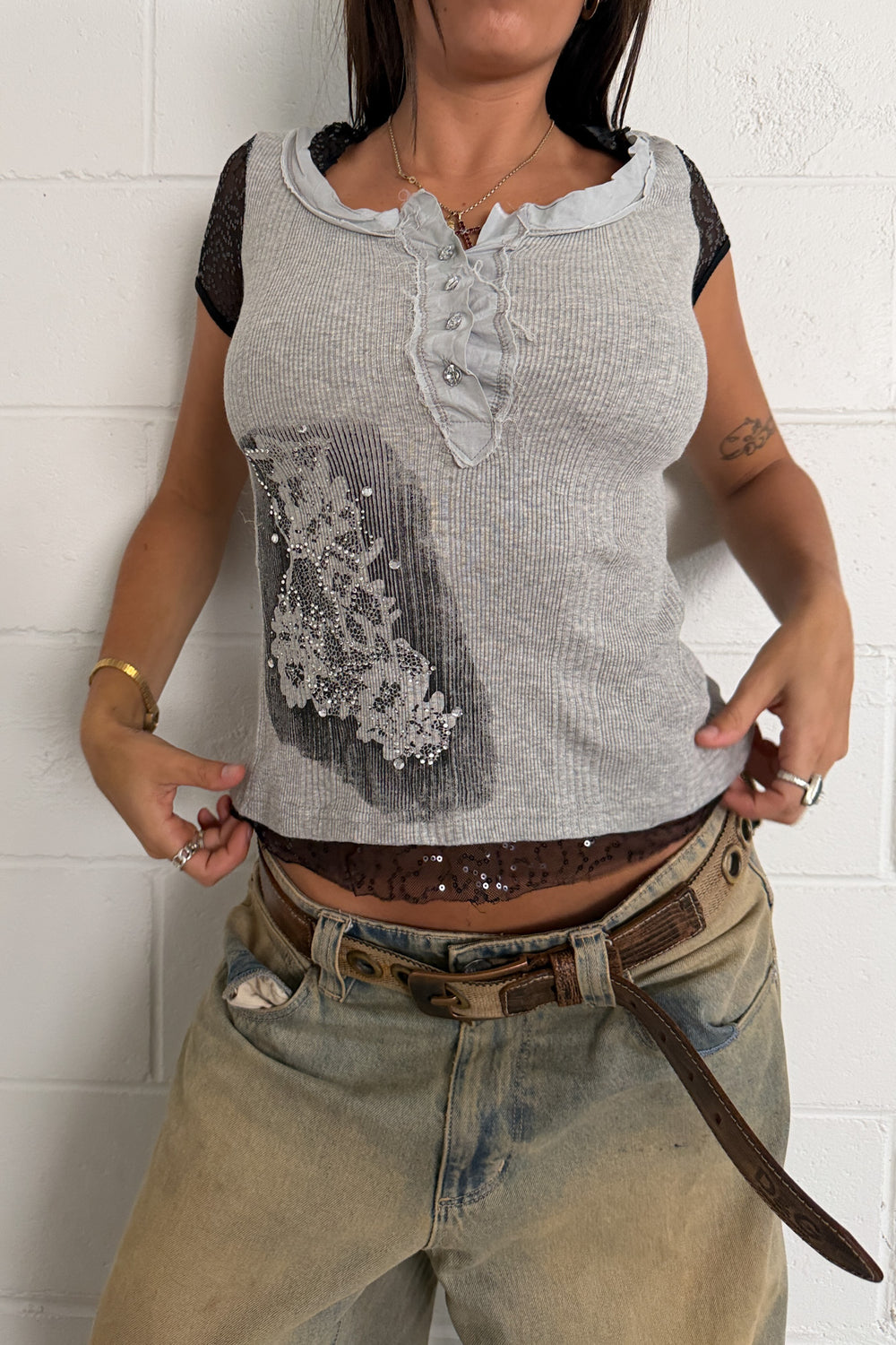 Grey hooded sequin top ★ Size Small