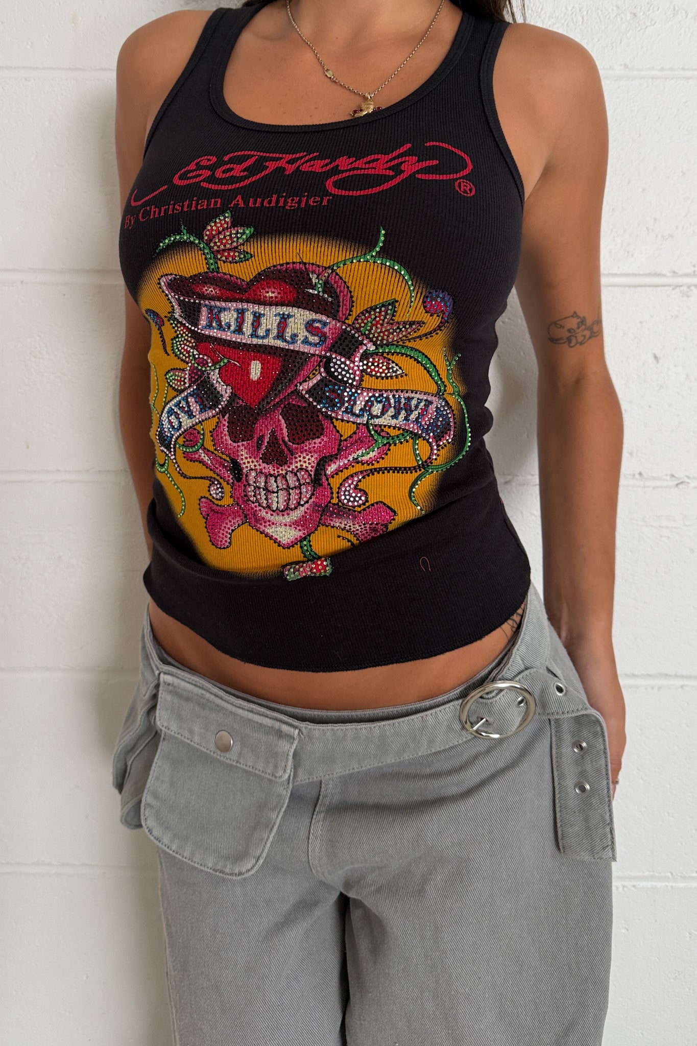 ED HARDY black diamante pink skull graphic tank ★ Size medium