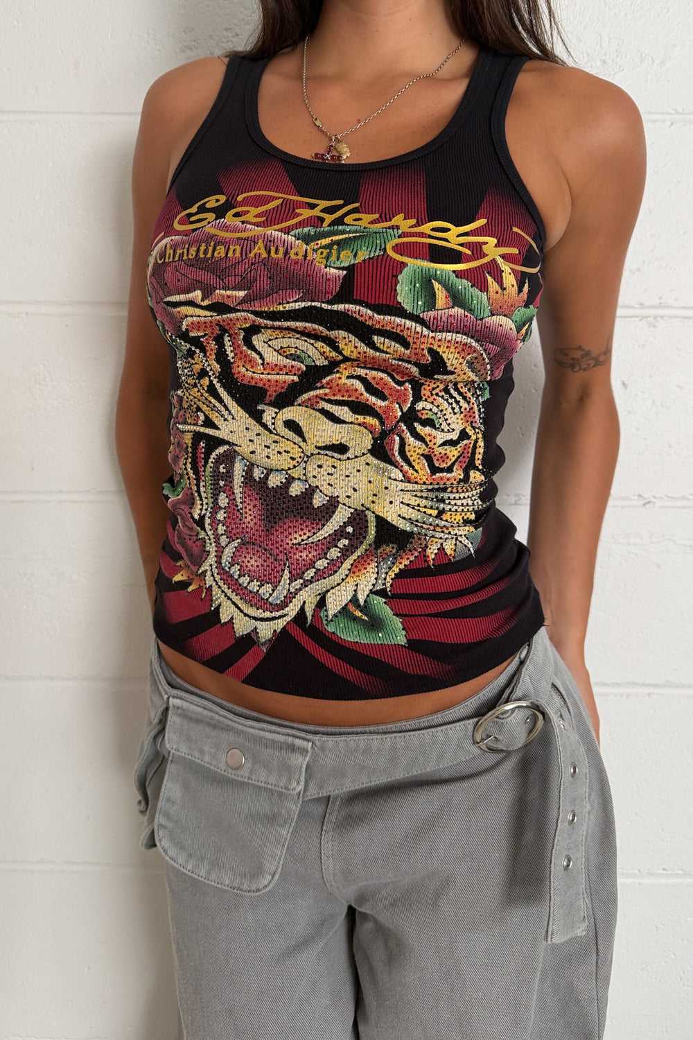 ED HARDY black diamante tiger graphic tank ★ Size Small-medium
